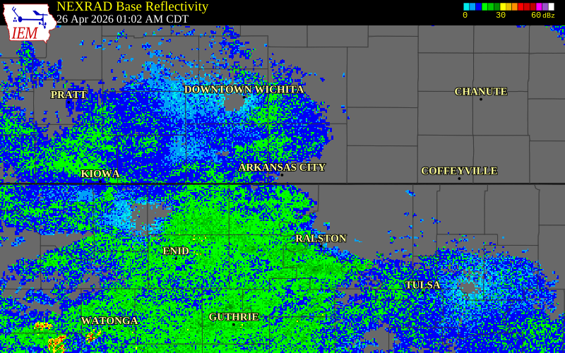 NEXRAD radar during the Sunday, April 26, 2026 storm activity in Cowley County, Kansas