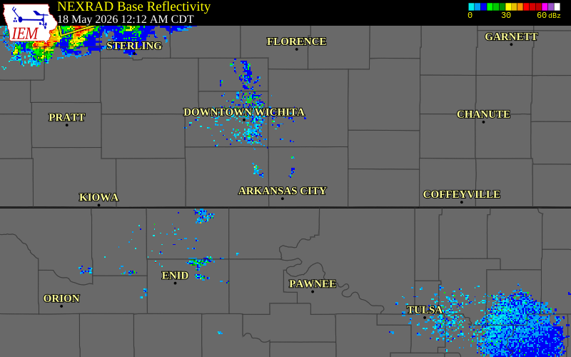 NEXRAD radar during the Monday, May 18, 2026 storm activity in Cowley County, Kansas