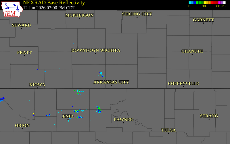 NEXRAD radar during the Friday, June 12, 2026 storm activity in Cowley County, Kansas