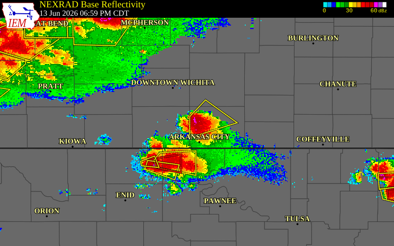NEXRAD radar during the Saturday, June 13, 2026 storm activity in Cowley County, Kansas