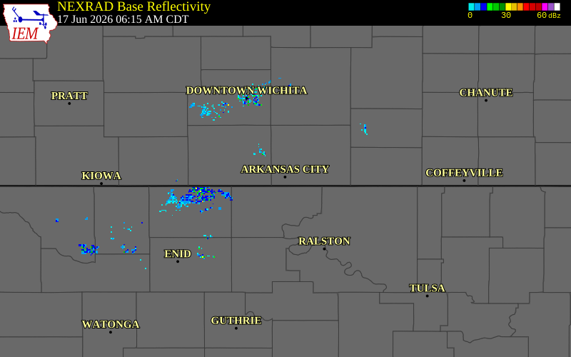 NEXRAD radar during the Wednesday, June 17, 2026 storm activity in Cowley County, Kansas