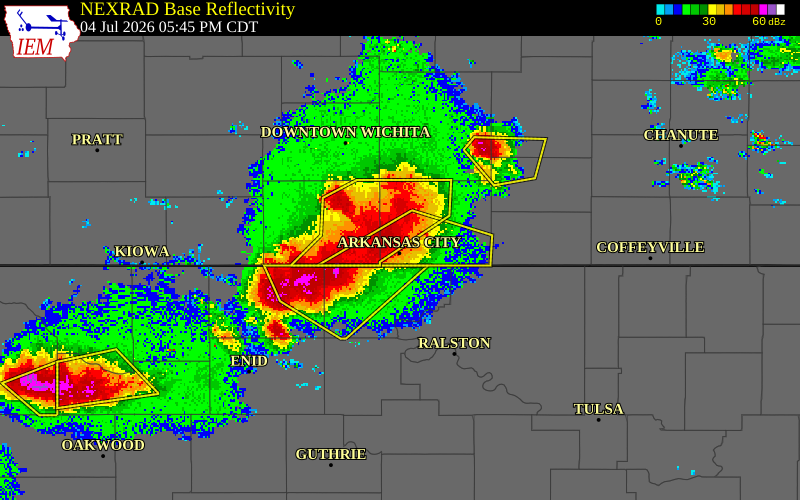 NEXRAD radar during the Saturday, July 4, 2026 storm activity in Cowley County, Kansas