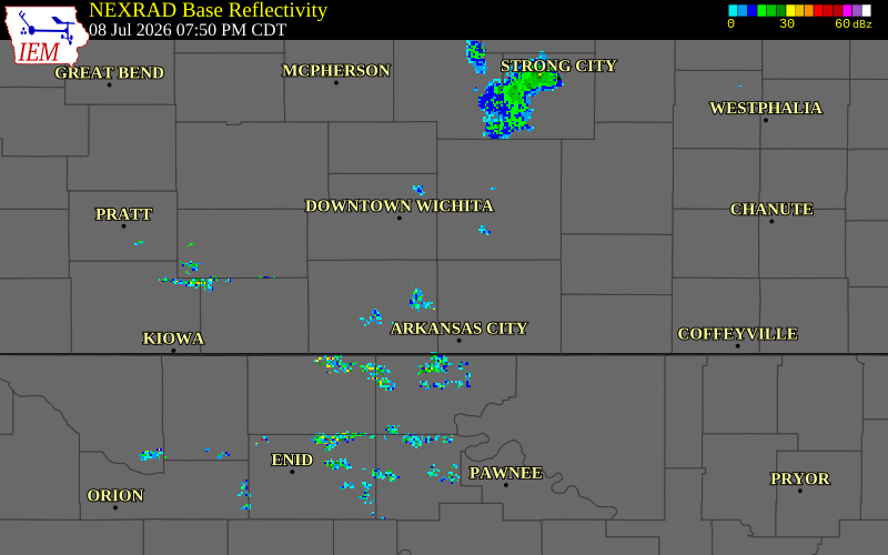 NEXRAD radar during the Wednesday, July 8, 2026 storm activity in Cowley County, Kansas