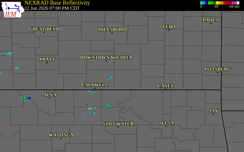 Radar snapshot during the Jun 12, 2026 hail event near 4 N Winfield, Cowley County, Kansas, with NWS warning polygons