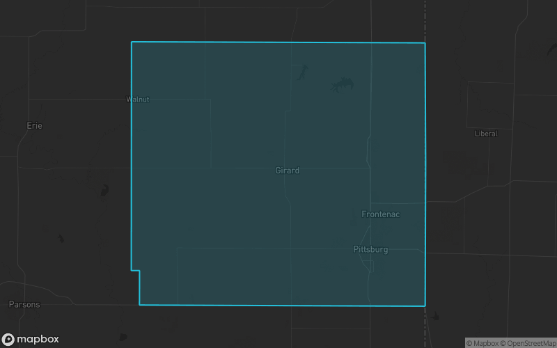 Map of Crawford County, Kansas showing the county boundary and surrounding cities