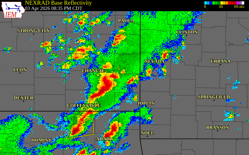 NEXRAD radar during the Friday, April 3, 2026 storm activity in Crawford County, Kansas