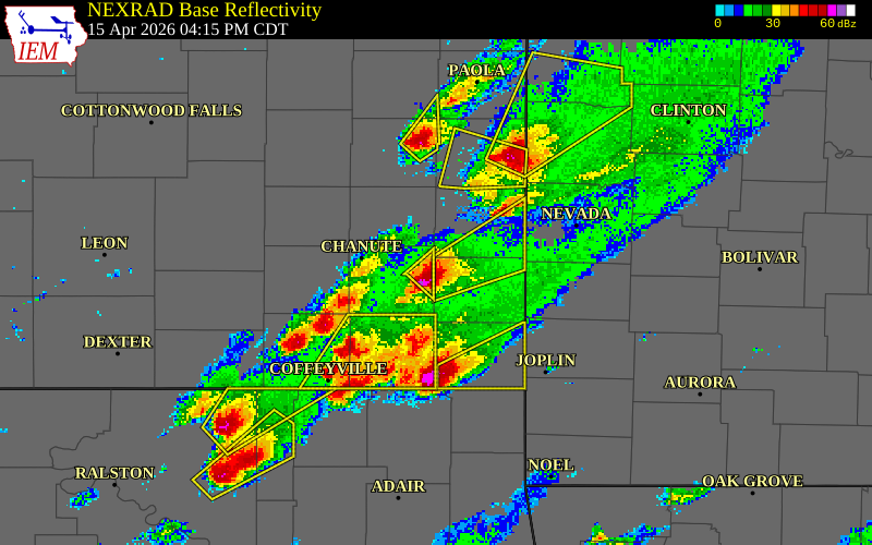 NEXRAD radar during the Wednesday, April 15, 2026 storm activity in Crawford County, Kansas