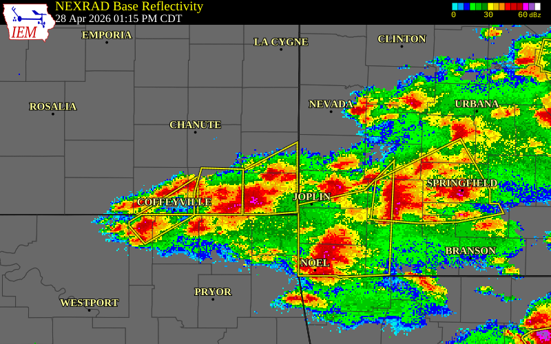 NEXRAD radar during the Tuesday, April 28, 2026 storm activity in Crawford County, Kansas