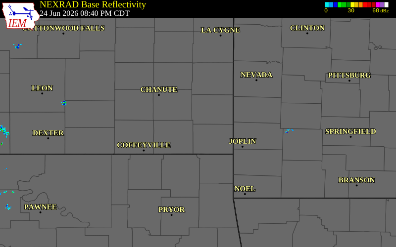 NEXRAD radar during the Wednesday, June 24, 2026 storm activity in Crawford County, Kansas