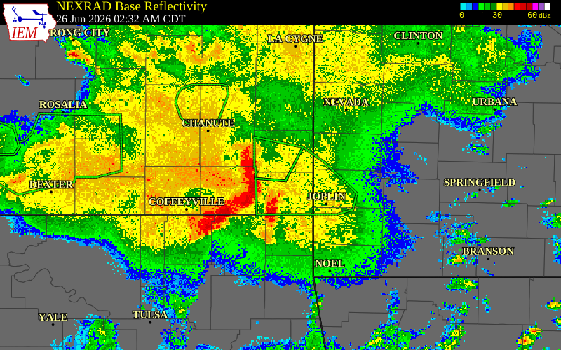 NEXRAD radar during the Friday, June 26, 2026 storm activity in Crawford County, Kansas