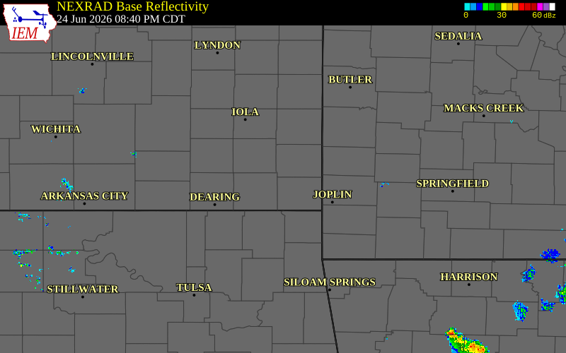 Radar snapshot during the Jun 24, 2026 hail event near Mccune, Crawford County, Kansas, with NWS warning polygons