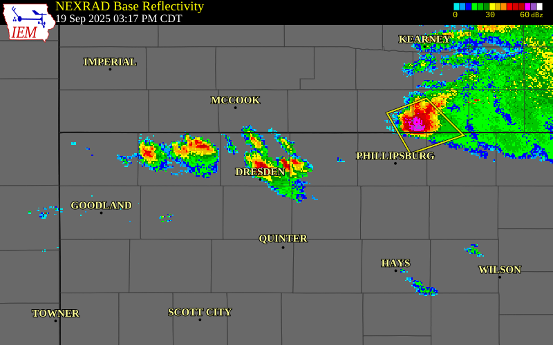 NEXRAD radar during the Friday, September 19, 2025 storm activity in Decatur County, Kansas