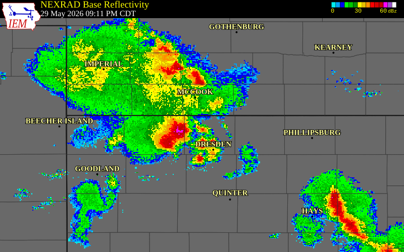 NEXRAD radar during the Friday, May 29, 2026 storm activity in Decatur County, Kansas