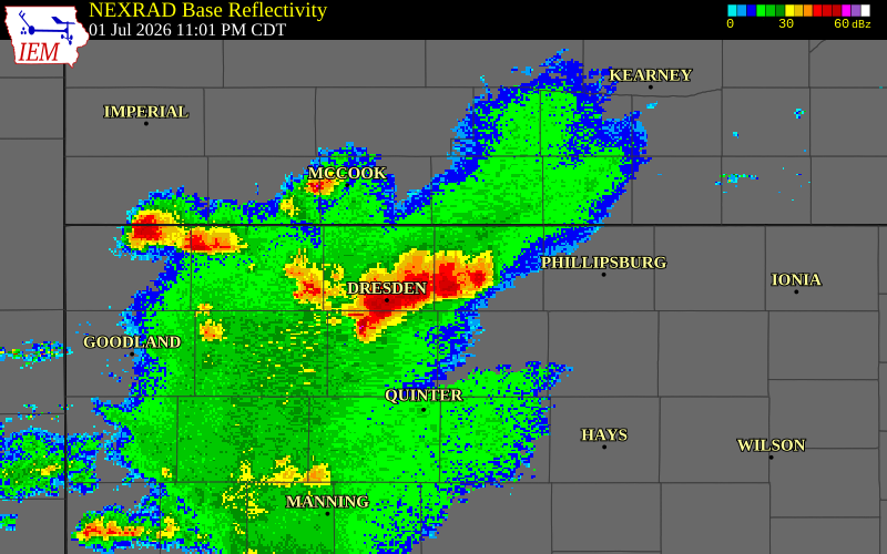 NEXRAD radar during the Wednesday, July 1, 2026 storm activity in Decatur County, Kansas