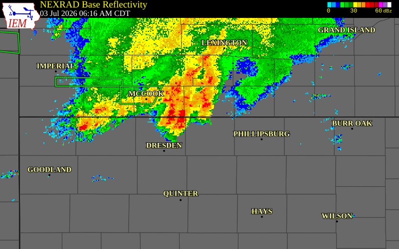 NEXRAD radar during the Friday, July 3, 2026 storm activity in Decatur County, Kansas