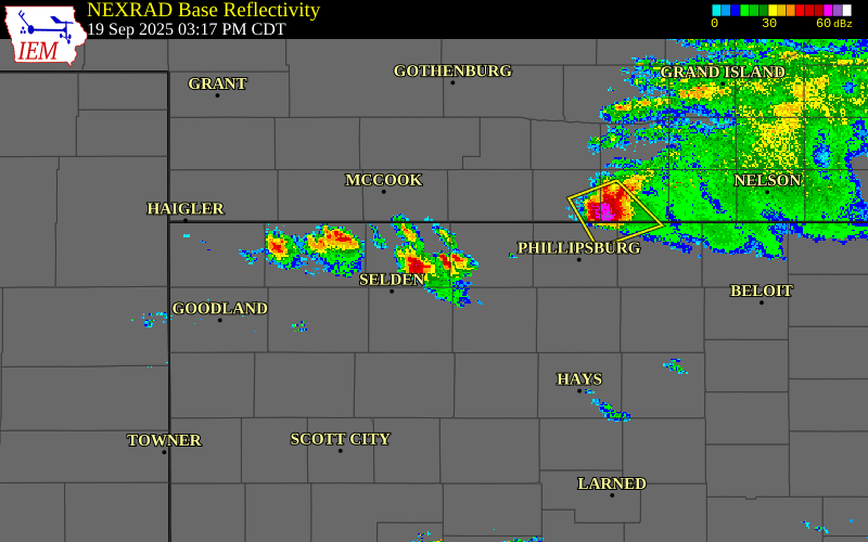 Radar snapshot during the Sep 19, 2025 hail event near Jennings, Decatur County, Kansas, with NWS warning polygons
