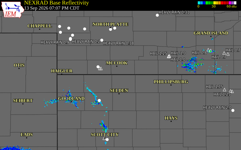 Current NEXRAD radar over Decatur County, Kansas with recent storm report locations