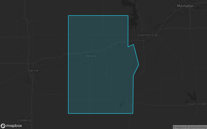 Map of Dickinson County, Kansas showing the county boundary and surrounding cities