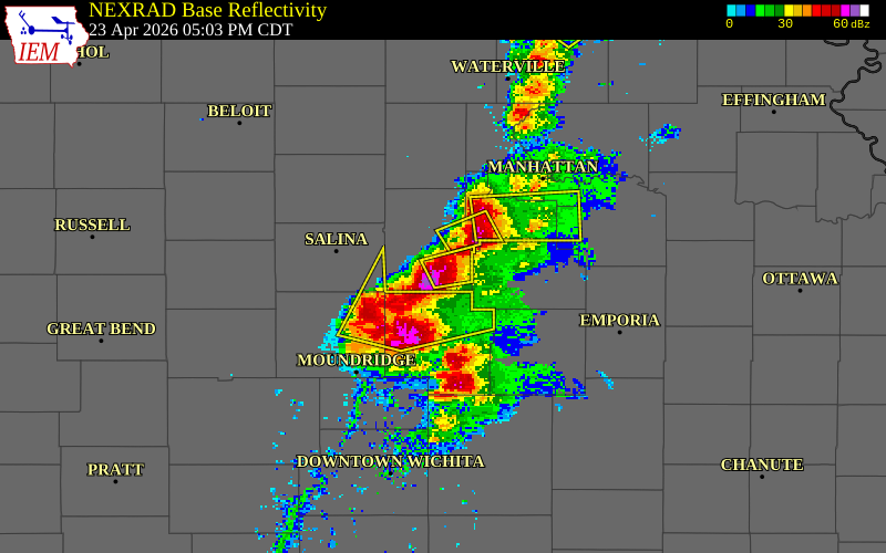 NEXRAD radar during the Thursday, April 23, 2026 storm activity in Dickinson County, Kansas