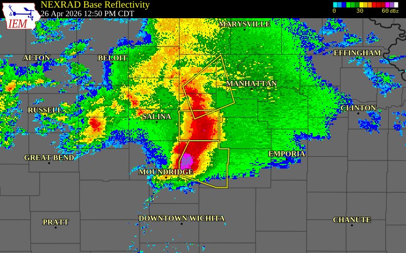 NEXRAD radar during the Sunday, April 26, 2026 storm activity in Dickinson County, Kansas
