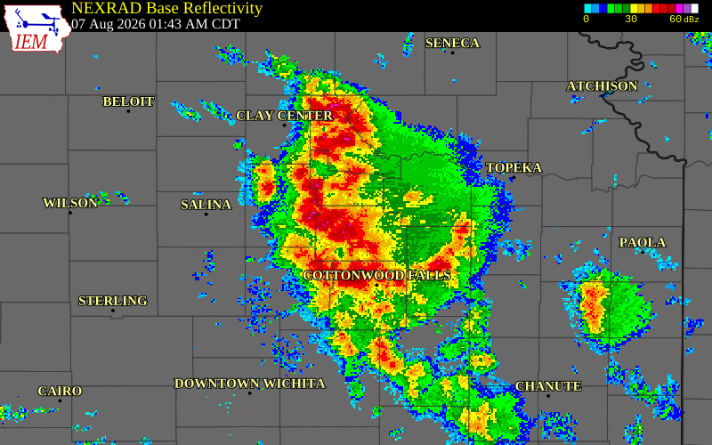 NEXRAD radar during the Friday, August 7, 2026 storm activity in Dickinson County, Kansas