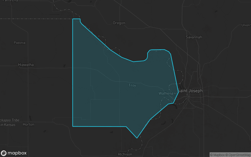 Map of Doniphan County, Kansas showing the county boundary and surrounding cities