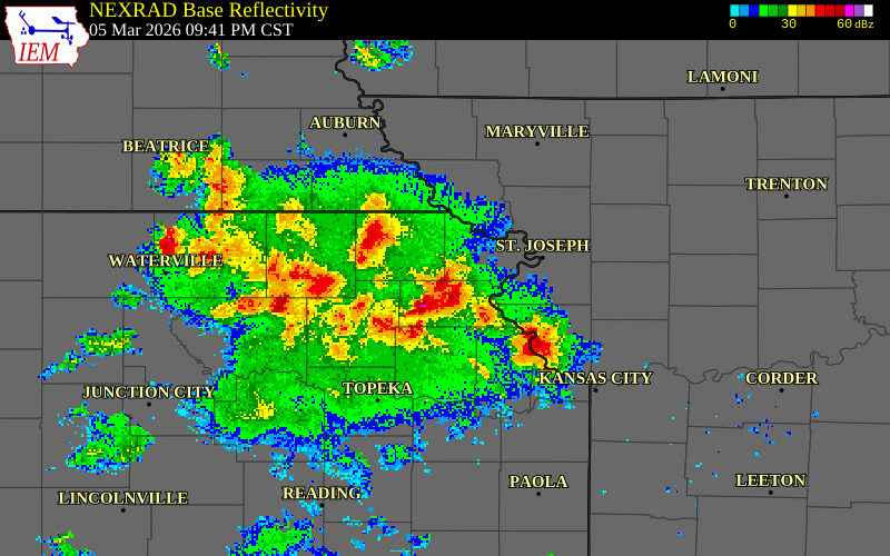 NEXRAD radar during the Thursday, March 5, 2026 storm activity in Doniphan County, Kansas