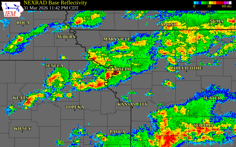 NEXRAD radar during the Tuesday, March 31, 2026 storm activity in Doniphan County, Kansas