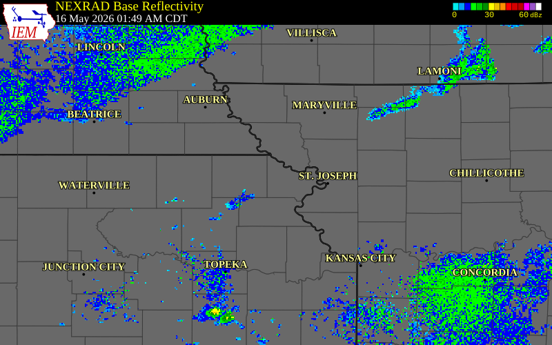NEXRAD radar during the Saturday, May 16, 2026 storm activity in Doniphan County, Kansas
