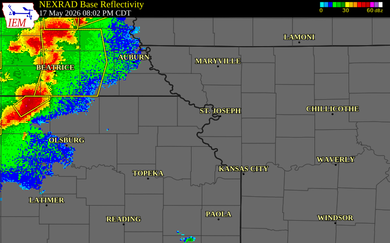 NEXRAD radar during the Sunday, May 17, 2026 storm activity in Doniphan County, Kansas