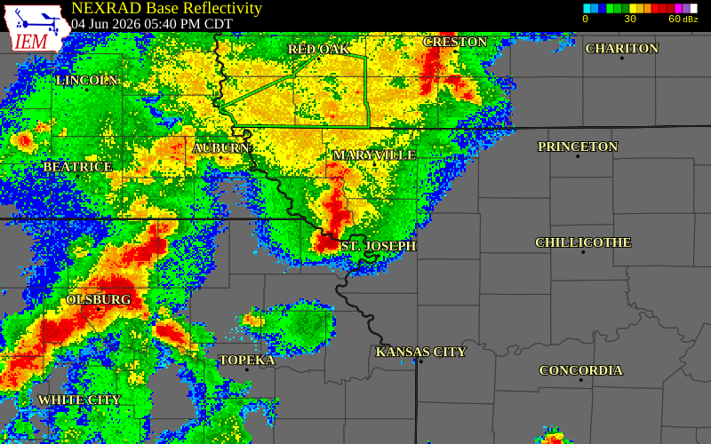 NEXRAD radar during the Thursday, June 4, 2026 storm activity in Doniphan County, Kansas