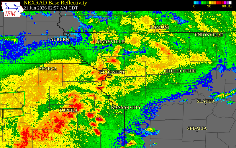 NEXRAD radar during the Sunday, June 21, 2026 storm activity in Doniphan County, Kansas