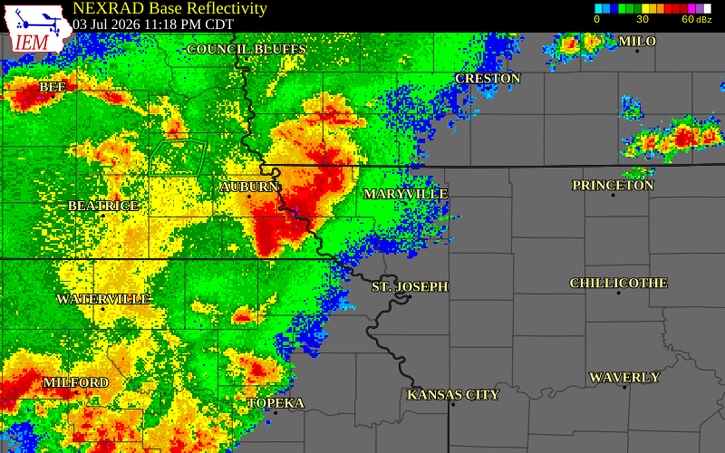 NEXRAD radar during the Friday, July 3, 2026 storm activity in Doniphan County, Kansas