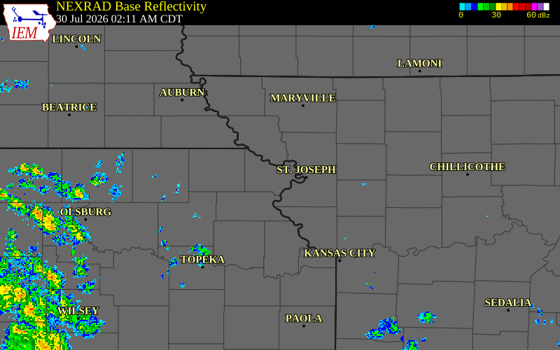 NEXRAD radar during the Thursday, July 30, 2026 storm activity in Doniphan County, Kansas