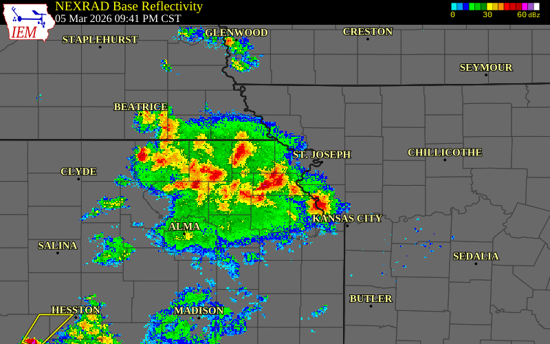 Radar snapshot during the Mar 5, 2026 hail event near Doniphan County, Doniphan County, Kansas, with NWS warning polygons