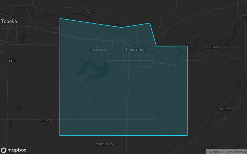 Map of Douglas County, Kansas showing the county boundary and surrounding cities