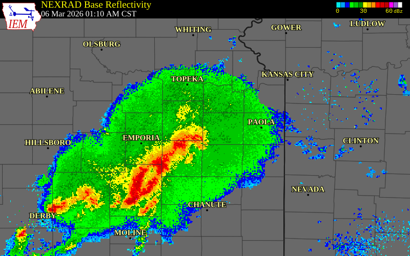 NEXRAD radar during the Friday, March 6, 2026 storm activity in Douglas County, Kansas