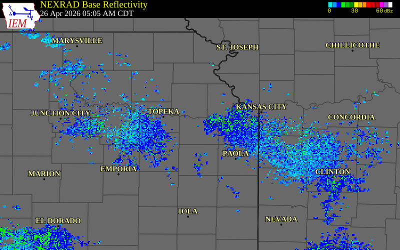NEXRAD radar during the Sunday, April 26, 2026 storm activity in Douglas County, Kansas