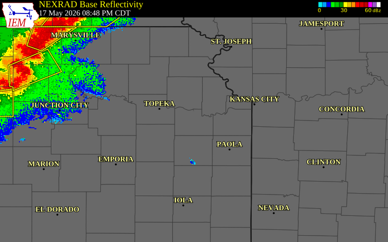 NEXRAD radar during the Sunday, May 17, 2026 storm activity in Douglas County, Kansas
