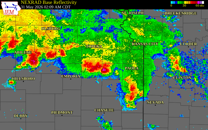 NEXRAD radar during the Sunday, May 31, 2026 storm activity in Douglas County, Kansas