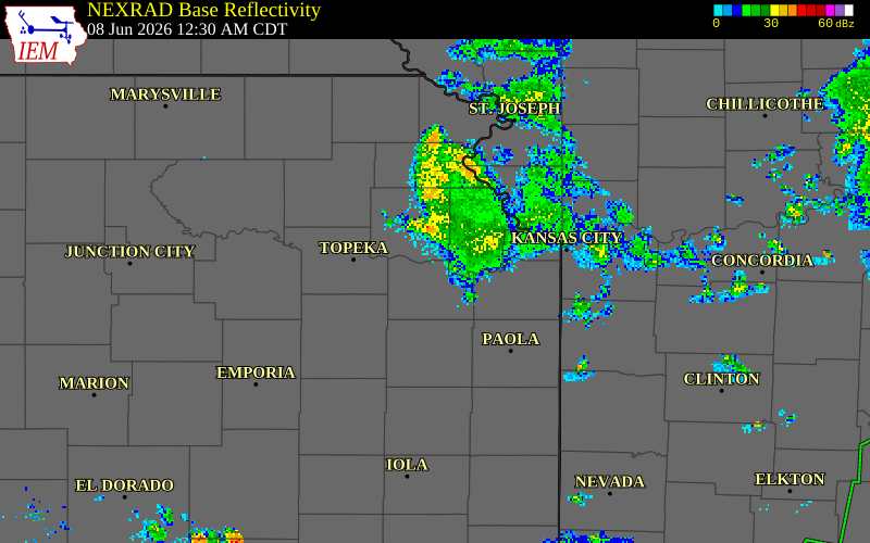 NEXRAD radar during the Monday, June 8, 2026 storm activity in Douglas County, Kansas