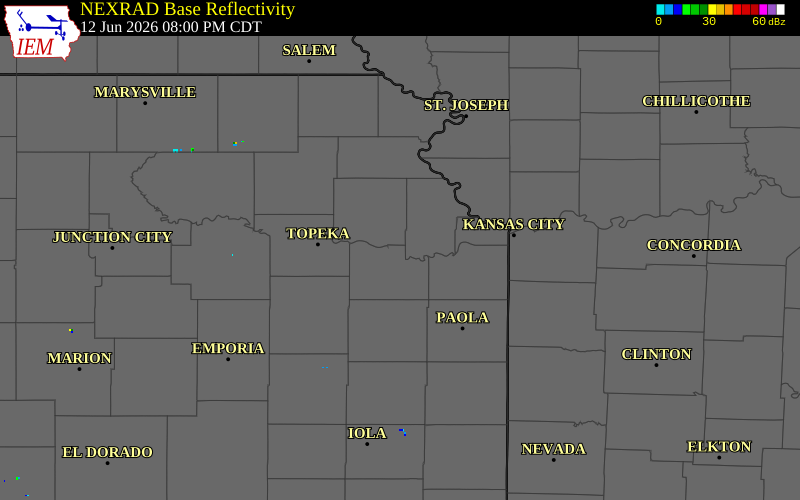 NEXRAD radar during the Friday, June 12, 2026 storm activity in Douglas County, Kansas