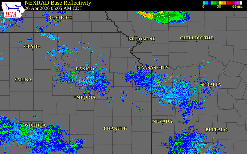 Radar snapshot during the Apr 26, 2026 hail event near Lawrence, Douglas County, Kansas, with NWS warning polygons