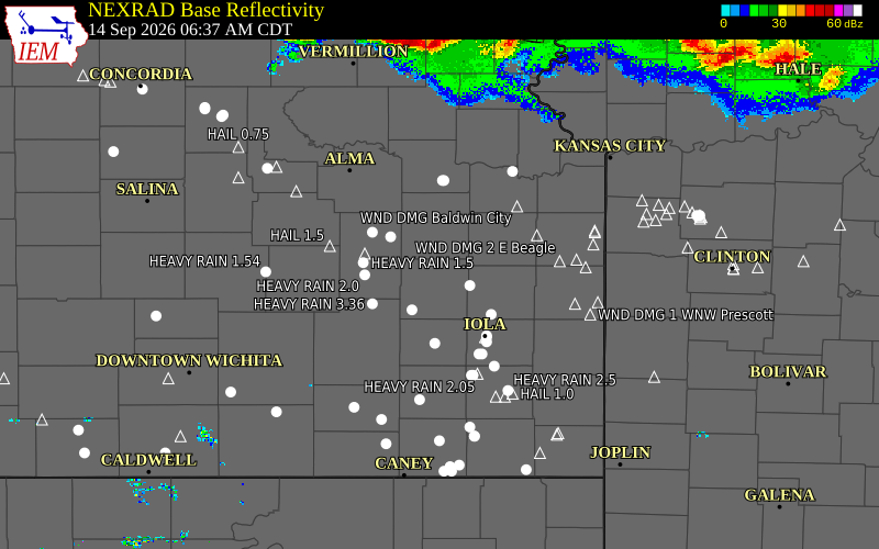 Current NEXRAD radar over Douglas County, Kansas with recent storm report locations
