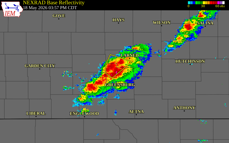 NEXRAD radar during the Monday, May 18, 2026 storm activity in Edwards County, Kansas