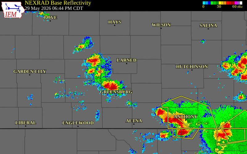 NEXRAD radar during the Friday, May 29, 2026 storm activity in Edwards County, Kansas