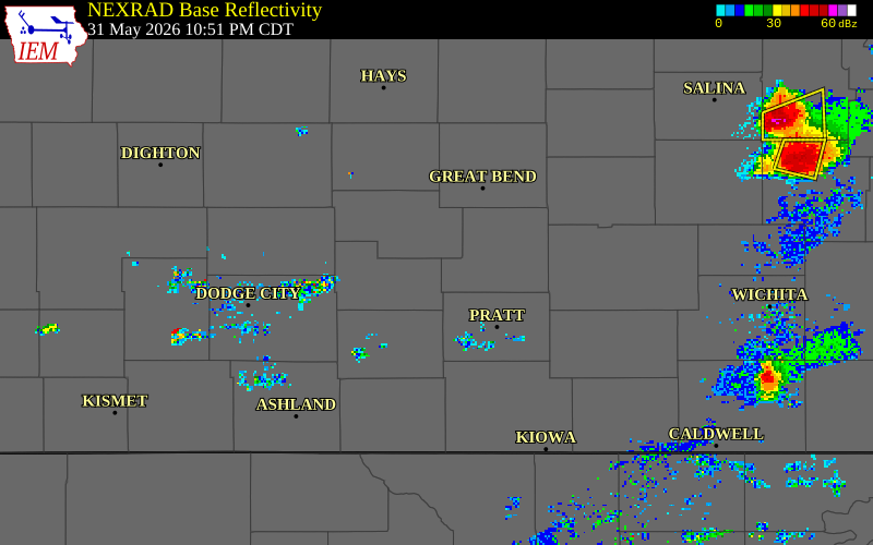 NEXRAD radar during the Sunday, May 31, 2026 storm activity in Edwards County, Kansas