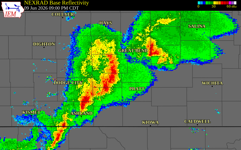 NEXRAD radar during the Tuesday, June 9, 2026 storm activity in Edwards County, Kansas
