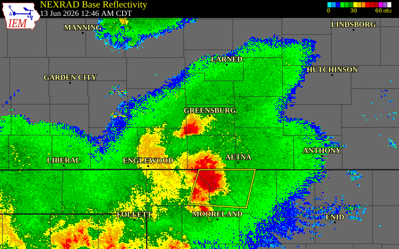 NEXRAD radar during the Saturday, June 13, 2026 storm activity in Edwards County, Kansas