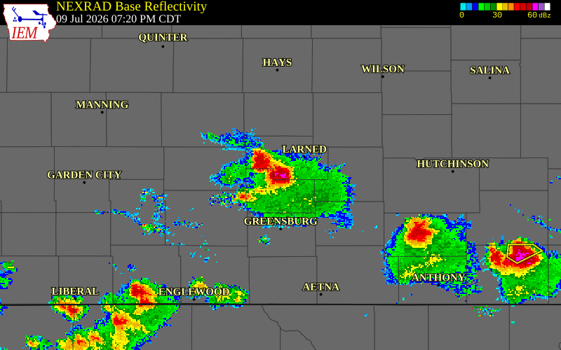 NEXRAD radar during the Thursday, July 9, 2026 storm activity in Edwards County, Kansas